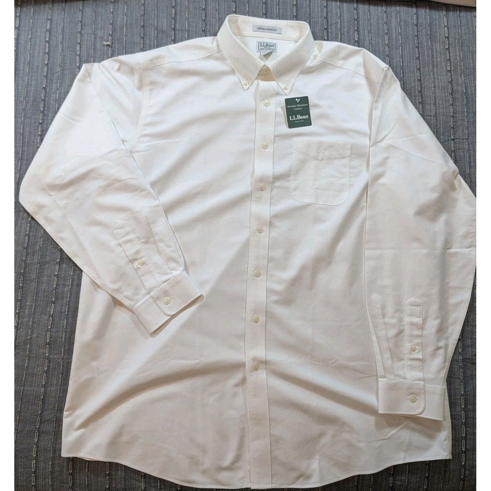 L.L. Bean Shirt Mens 18 37 White Wrinkle Resistant Cotton Oxford Dress Long NWT